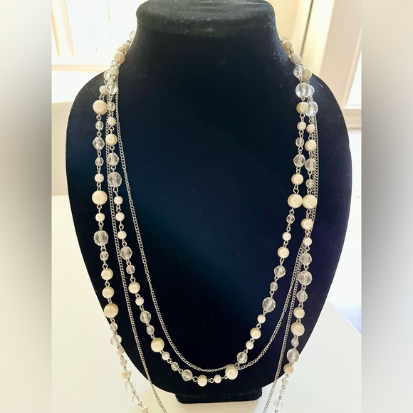 Vintage Chain & Faux Pearl 4-Strand Long Necklace - Picture 2 of 3
